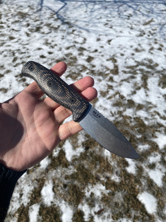 Architect Knives-AK3.5-MagnaCut Steel-Black Linen Micarta w/ Brown Burlap Handle-Kydex Sheath w/ Slide Lock,Black-SLIM 3.3 Pocket Clip